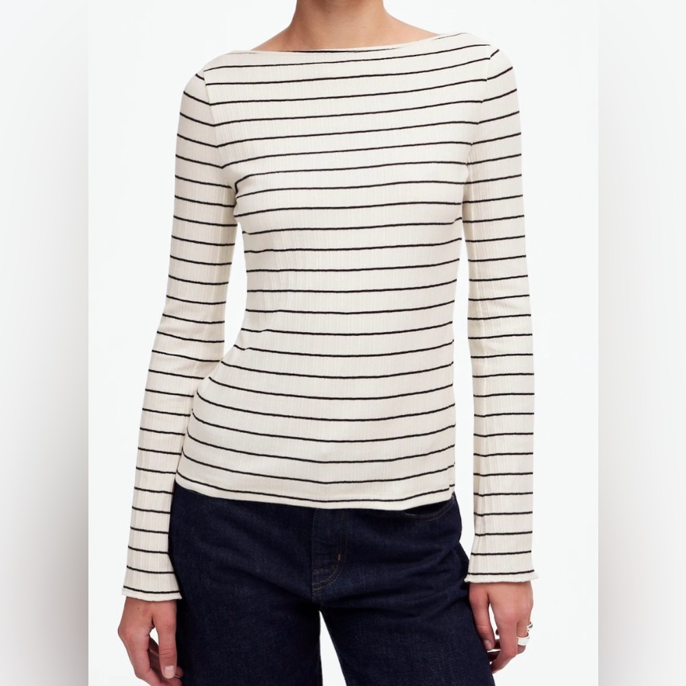 Madewell Ribbed Long-Sleeve Striped Boatneck Top - NWT